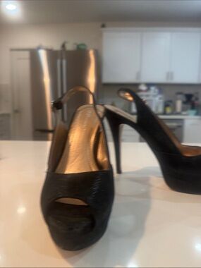 BCBGeneration Black Peep-Toe Slingback Platform Stiletto Heels